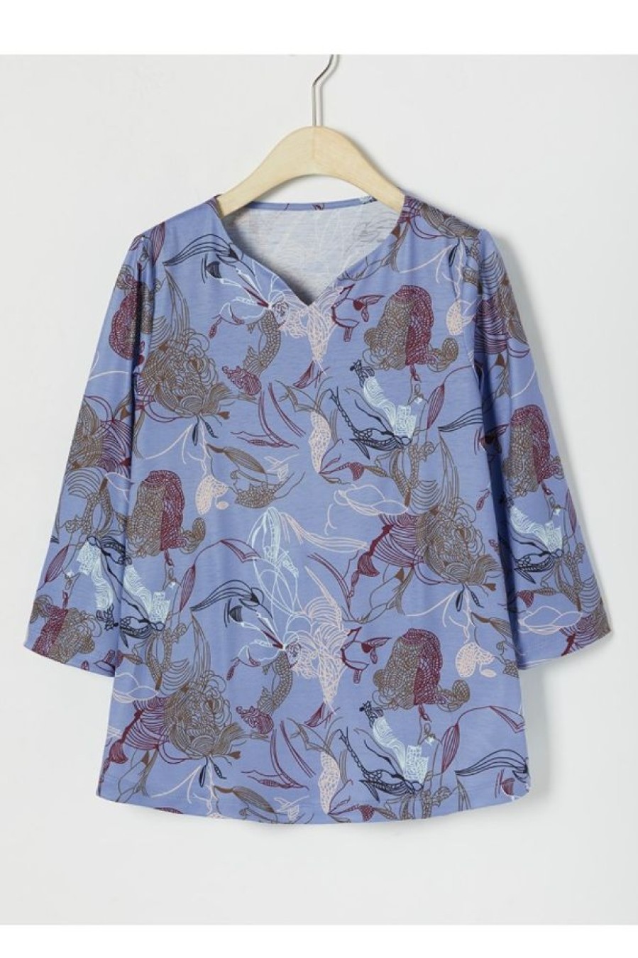 Vetements Azzlee Blouses Et Chemises | Imprime Floral Col En V Manches 3/4 T-Shirt Marbled Indigo