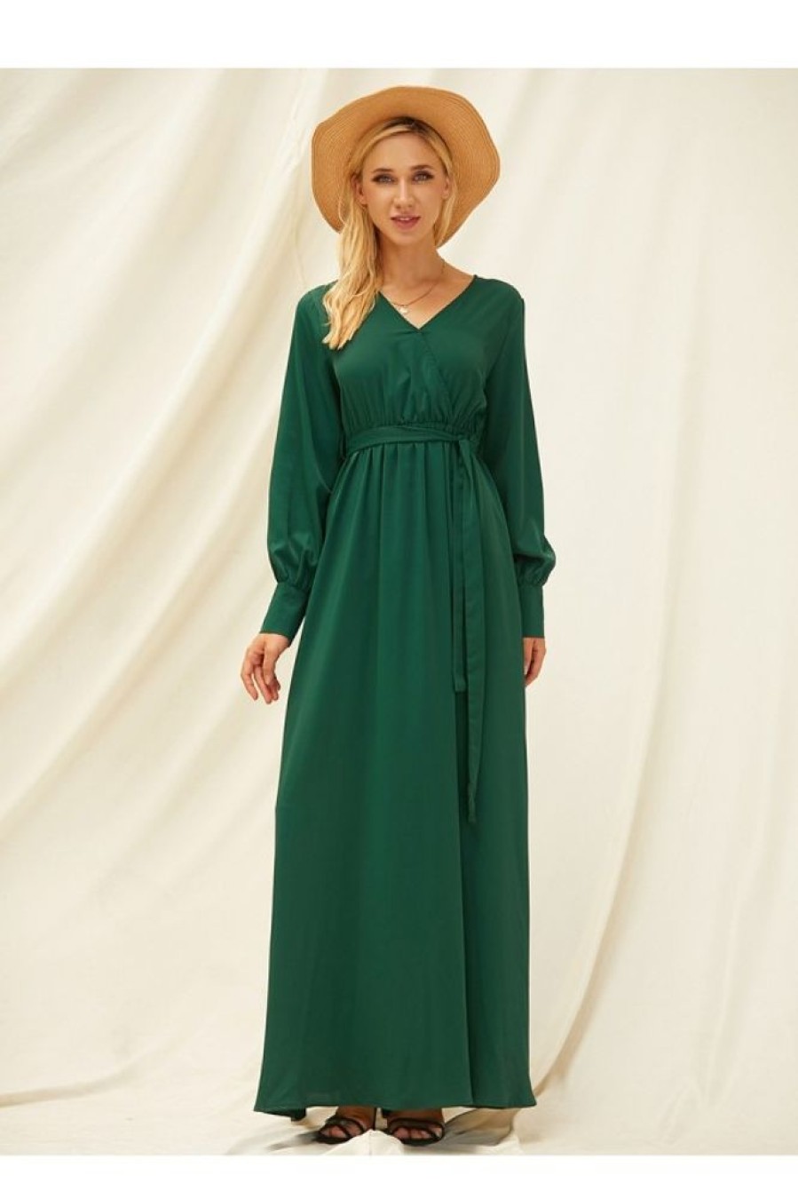 Vetements Azzlee | Vert Decontractee Solide Ceintures Manches Longues Col En V Robes Verte