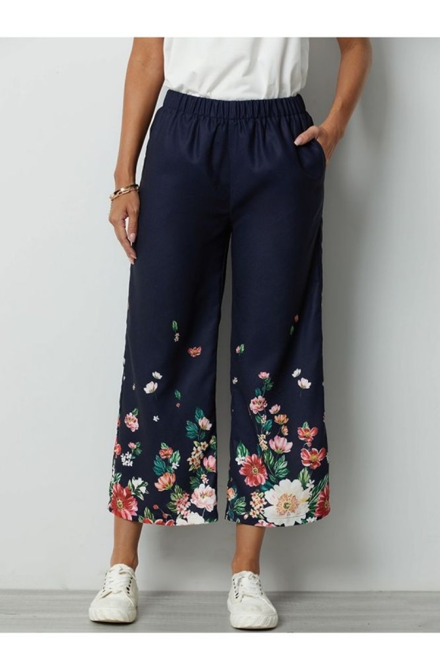 Vetements Azzlee Pantalon | Imprime Fleurs Grande Taille Taille Elastique Decontractee Pantalon Marine