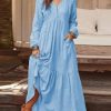 Vetements Azzlee Robes Maxi | Occasionnel Col En V Manches Longues Bouton Robe Maxi Avec Poches Bleu