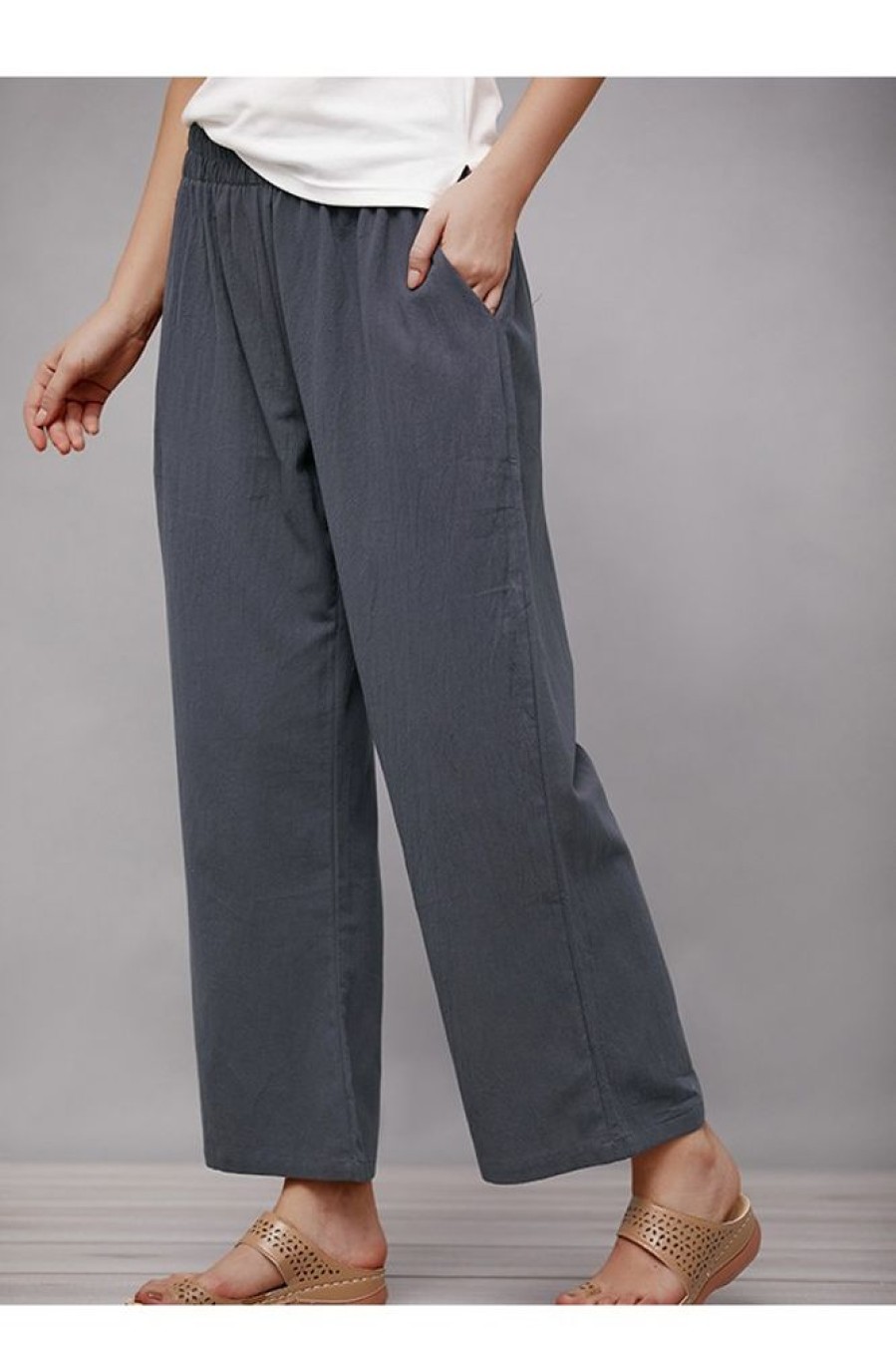 Vetements Azzlee Pantalon | Gris Solide Avec Poches Decontractee Pantalon