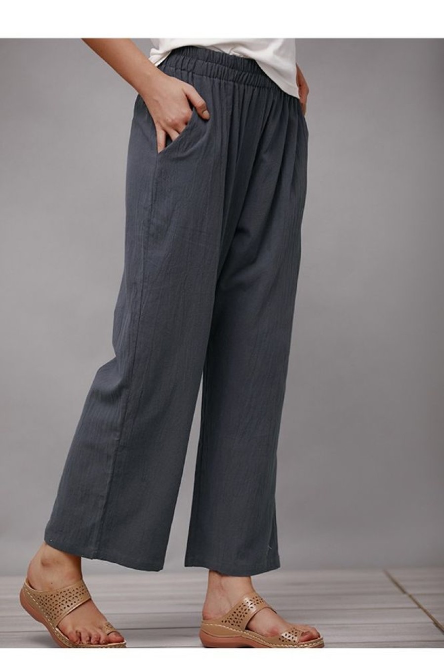 Vetements Azzlee Pantalon | Gris Solide Avec Poches Decontractee Pantalon