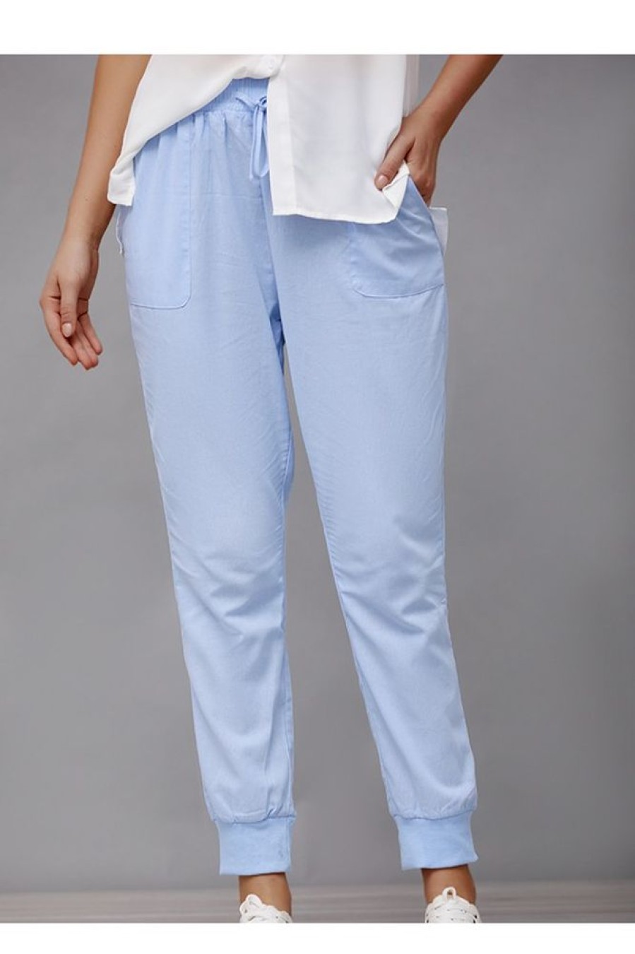 Vetements Azzlee Pantalon | Coton Couleur Unie Avec Poches Ceintures Decontractee Pantalon Bleu