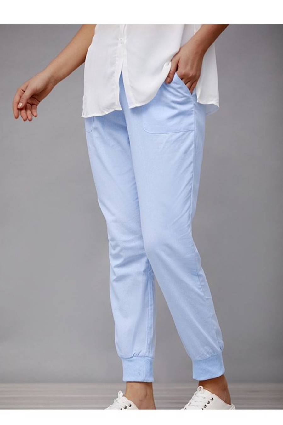 Vetements Azzlee Pantalon | Coton Couleur Unie Avec Poches Ceintures Decontractee Pantalon Bleu