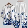 Vetements Azzlee | Occasionnel Col Rond Imprime Floral Demi Manche Costume Deux Pieces Bleu