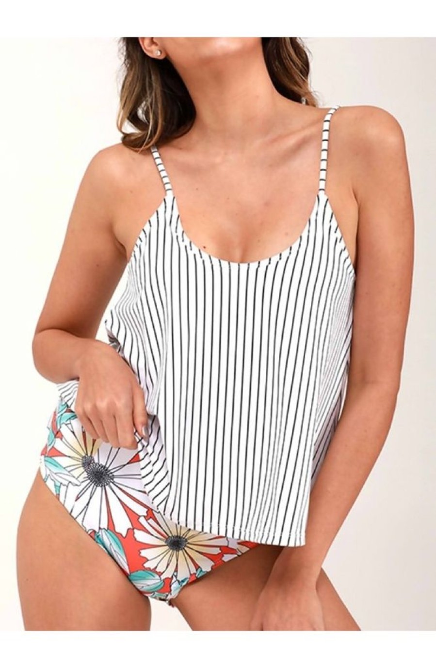 Vetements Azzlee Tankini | Ensemble De Tankini Mignon A Fleurs Et Rayures Comme Image