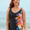 Vetements Azzlee Grande Taille | Maillot De Bain 1 Piece Imprime Fleuri A Col En V Et Bretelles Larges De Grande Taille Multi