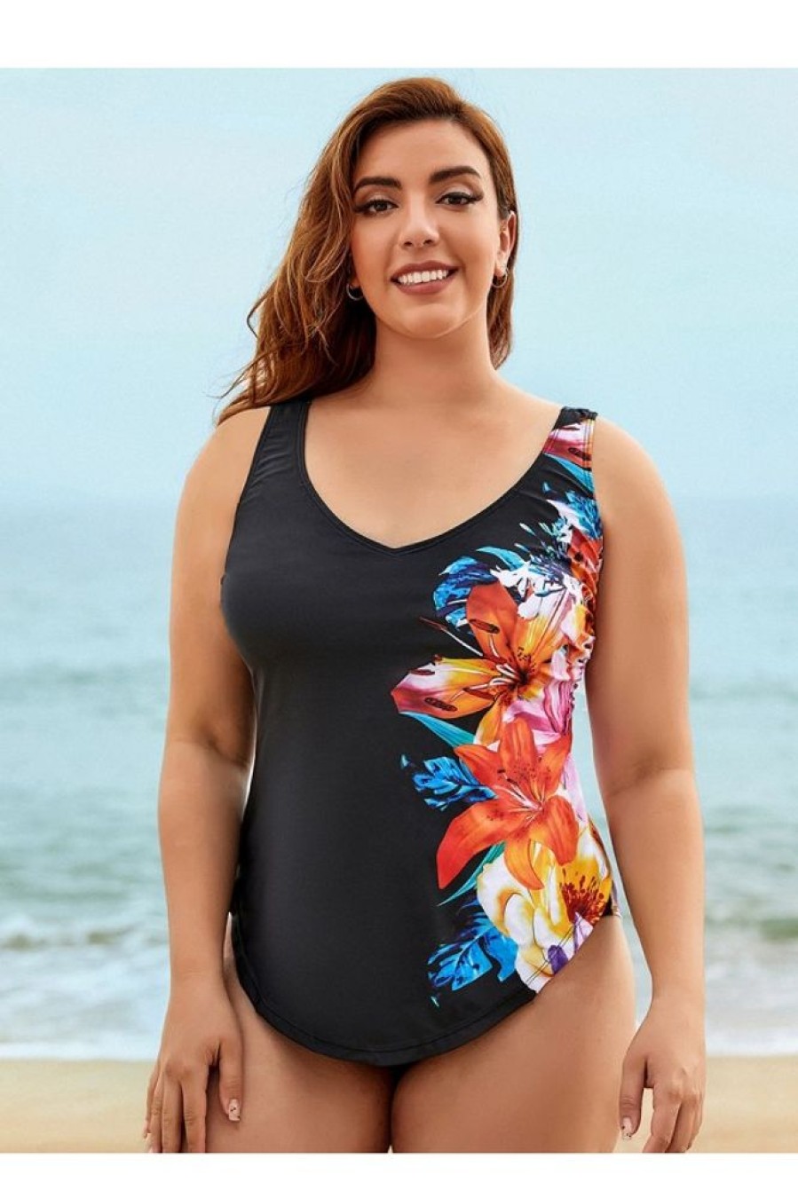 Vetements Azzlee Grande Taille | Maillot De Bain 1 Piece Imprime Fleuri A Col En V Et Bretelles Larges De Grande Taille Multi