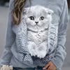 Vetements Azzlee Sweats Et Sweats A Capuche | Sweat A Col Rond Avec Impression Mignonne De Chat Gris