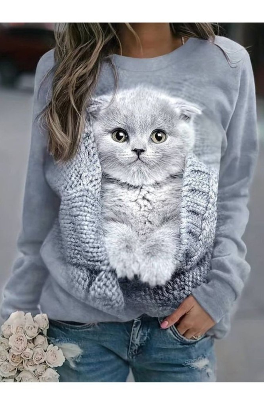 Vetements Azzlee Sweats Et Sweats A Capuche | Sweat A Col Rond Avec Impression Mignonne De Chat Gris