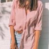 Vetements Azzlee Blouses Et Chemises | Solide Decontractee Hauts Col A Revers Manches Longues Chemisier Rose