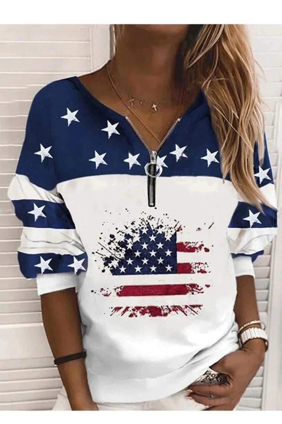 Vetements Azzlee | Decontractee Graphique Hauts Col En V Manches Longues Drapeau Americain Americain Imprime Sweats Bleu