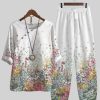 Vetements Azzlee | Decontractee Col Rond Imprime Floral Demi Manche Ensembles De Deux Pieces Blanc