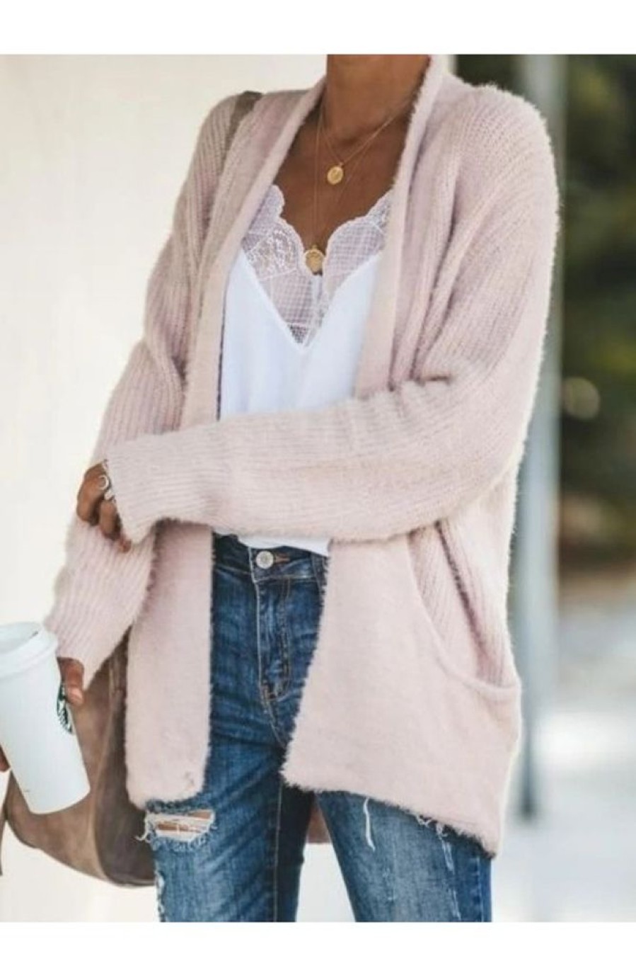 Vetements Azzlee Pulls Et Cardigans | Decontractee Manches Longues Solide Cardigans Rose