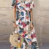 Vetements Azzlee Robes Maxi | Occasionnel Col Rond Manches Courtes Floral Robe Maxi Beige