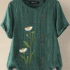 Vetements Azzlee | Femme Fleur Imprime Manches Courtes Col Rond T-Shirts Vert