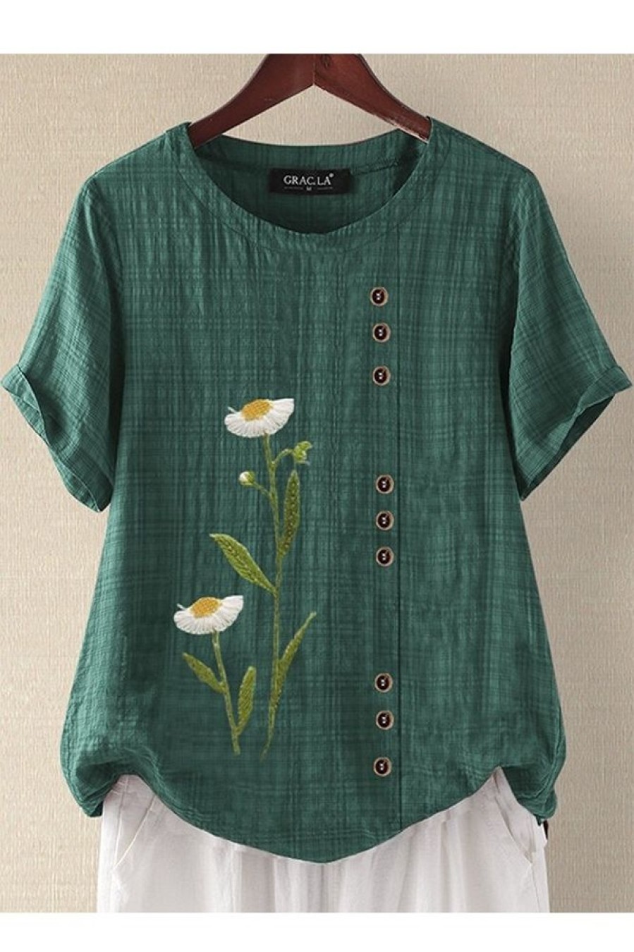 Vetements Azzlee | Femme Fleur Imprime Manches Courtes Col Rond T-Shirts Vert