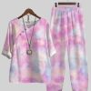 Vetements Azzlee | Occasionnel Col Rond Tie-Dye Imprime Demi Manche Costume Deux Pieces Rose