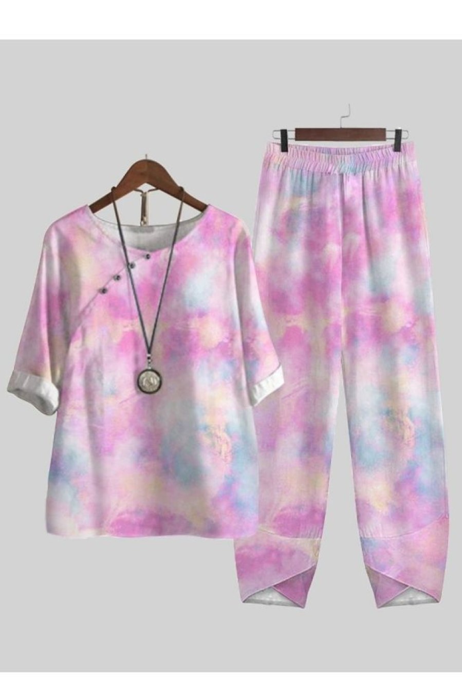 Vetements Azzlee | Occasionnel Col Rond Tie-Dye Imprime Demi Manche Costume Deux Pieces Rose