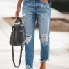 Vetements Azzlee | Un Jean Bleu Solide Avec Poches Decontractee Basique Pantalon Denim Bleu