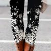 Vetements Azzlee Leggings | Impression De Flocon De Neige De Noel Occasionnel Taille Elastique Legging Noir