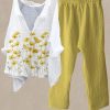 Vetements Azzlee | Occasionnel Col En V Imprime Floral Quotidien Costume Deux Pieces Jaune