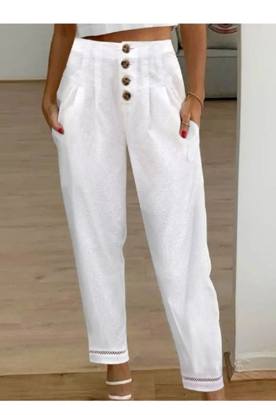 Vetements Azzlee | Occasionnel Solide Dentelle Tondu Pantalon Blanc