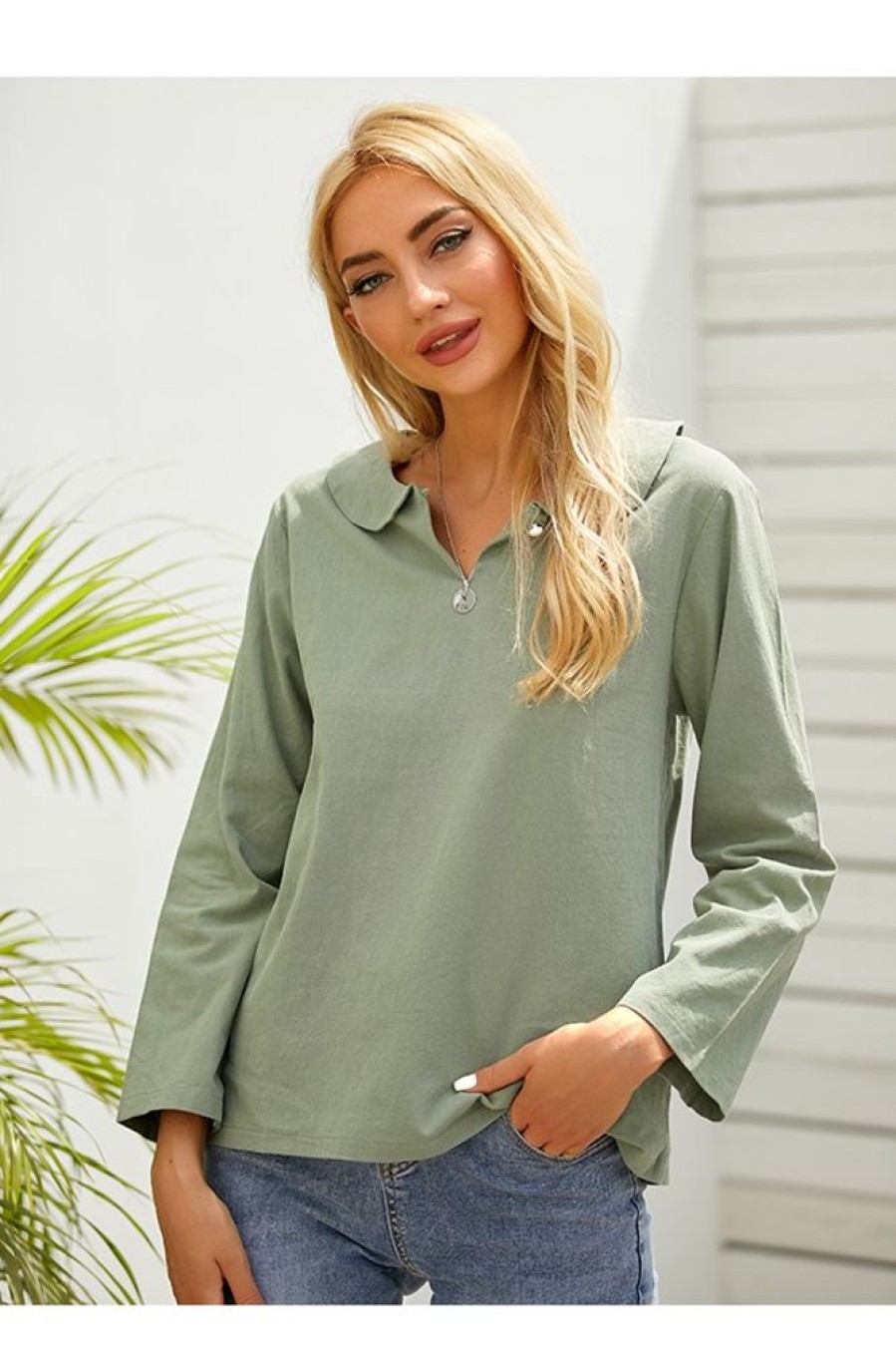 Vetements Azzlee Blouses Et Chemises | Solide Decontractee Col Rond Manches Longues Chemisier Vert