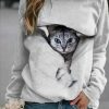 Vetements Azzlee Sweats Et Sweats A Capuche | Gris Decontractee Graphique Hauts Col Rond Manches Longues Chat Imprime Sweats Grise