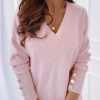 Vetements Azzlee T-Shirts | Occasionnel Col En V Solide Manches Longues Hauts Rose