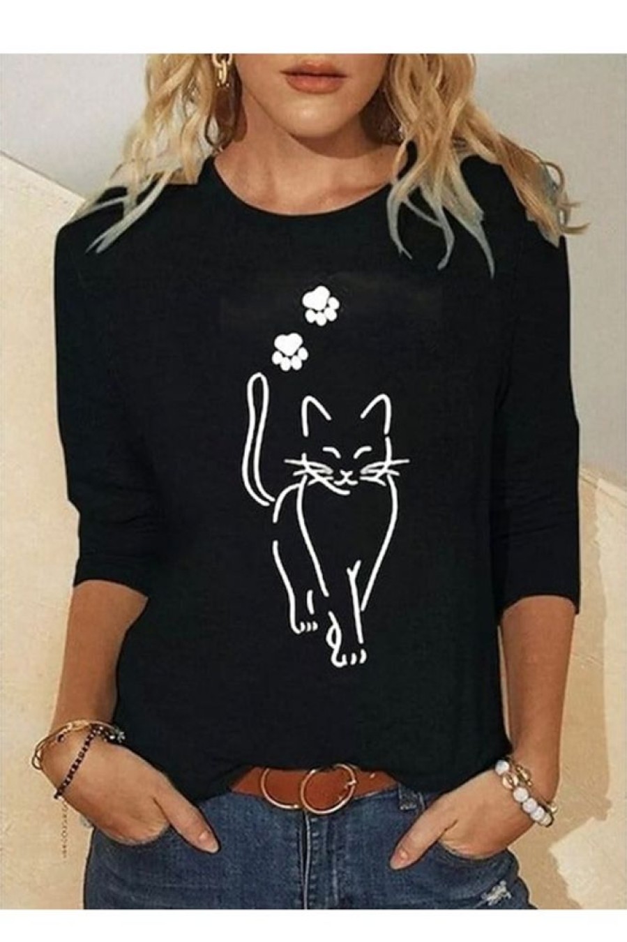 Vetements Azzlee T-Shirts | T-Shirt A Manches Longues De Base Avec Impression De Chat Noir