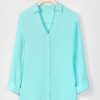 Vetements Azzlee Blouses Et Chemises | Solide Decontractee Col Montant Hautaz Bleu Manches Longues Chemise