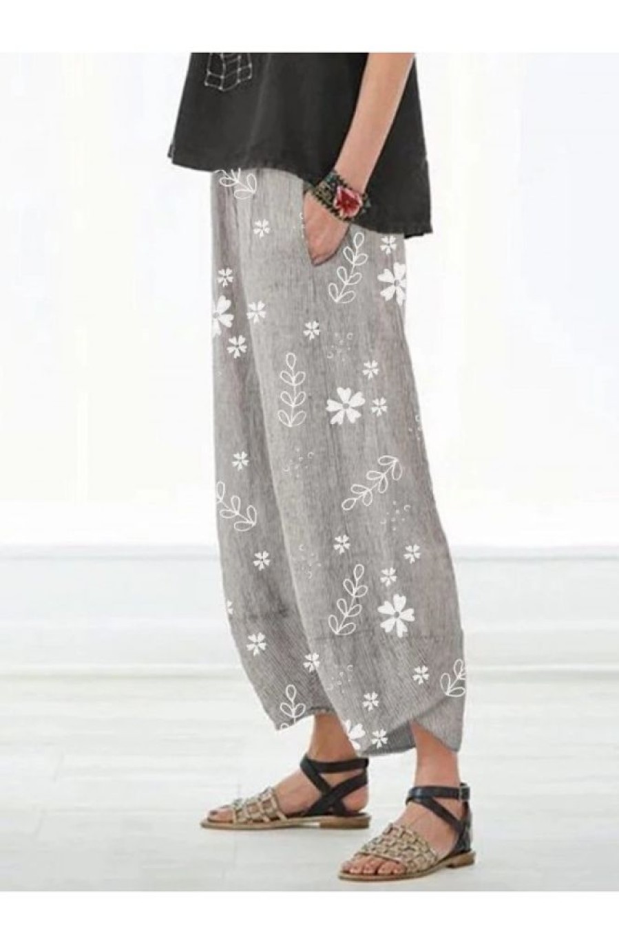 Vetements Azzlee | Gris Decontractee Imprime Floral Pantalon Avec Poches Grise