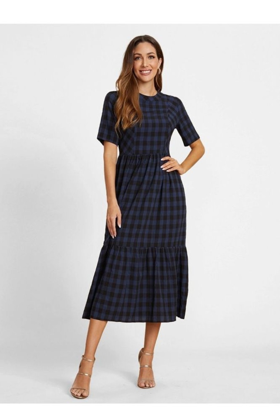 Vetements Azzlee | Plaid Poches Col Rond Manches Courtes Robe Maxi Marine