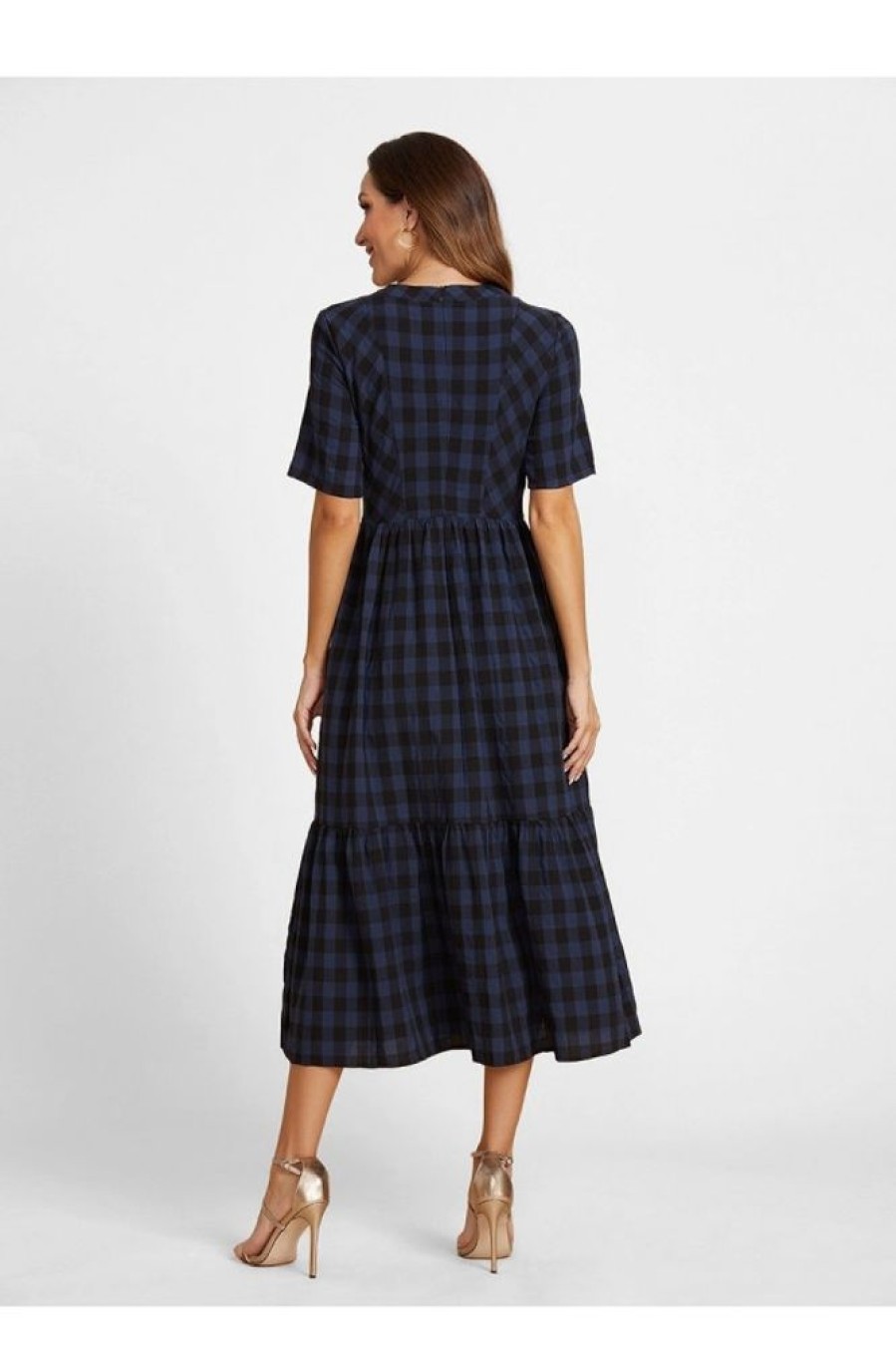 Vetements Azzlee | Plaid Poches Col Rond Manches Courtes Robe Maxi Marine